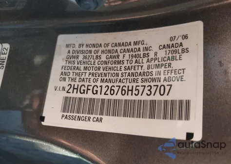 2006 Honda Civic Lx из США, поврежденный, VIN 2HGFG12676H573707